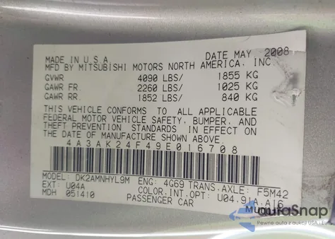 2009 Mitsubishi Eclipse Gs z USA, uszkodzony, nr VIN 4A3AK24F49E016708